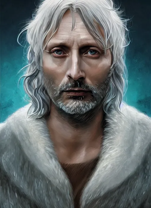 Image similar to Portrait of Mads Mikkelsen as a hexblade warlock aasimar, white glowing eyes, silver shaggy hair, short scruffy beard, cloak, teal ethereal tendril wings, male, fantasy, extremely detailed, digital painting, artstation, concept art, smooth, sharp focus, illustration, stunning lighting, art by artgerm and greg rutkowski and alphonse mucha and simon stalenhag, realistic character concept, high fantasy, light atmosphere, golden ratio, cinematic lighting, hyperdetailed, high resolution, insanely detailed and intricate, artstation, Marc Simonetti, Greg Rutkowski