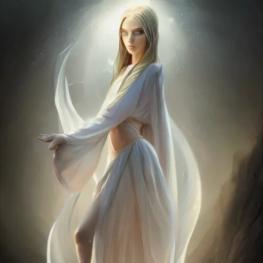 Prompt: Riley Reid, white daoist robes, beautiful, ethereal, digital painting, highly detailed, full body, by Charlie bowater