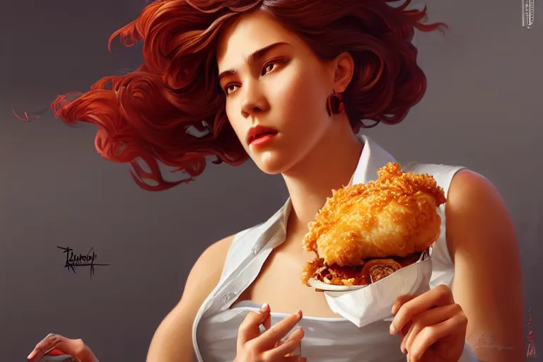 Image similar to kfc chicken, portrait, elegant, intricate, digital painting, artstation, concept art, smooth, sharp focus, illustration, art by artgerm and greg rutkowski and alphonse mucha