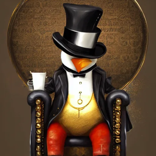 Image similar to oil painting of grumpy rich steampunk penguin sitting on fancy chair, wearing top hat, holding gold, steampunk factory background, sharp focus, fantasy style, octane render, volumetric lighting, 8k high definition, by greg rutkowski, highly detailed, trending on art Station, magic the gathering artwork, centered