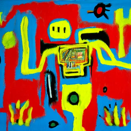 Prompt: a little robot lying in a flower field, painted by basquiat