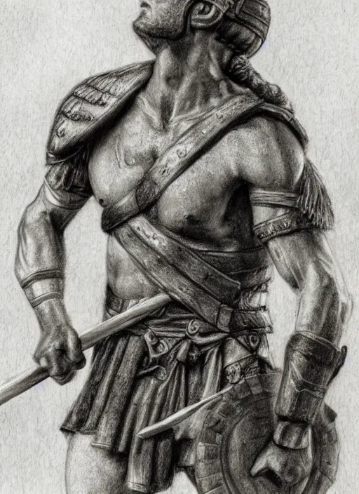 Image similar to a realistic pencil drawing of a adult roman soldier at the in gaul, extremely pronounced masculine features, low dutch angle, face in focus, natural lighting, realism, strong muscular features