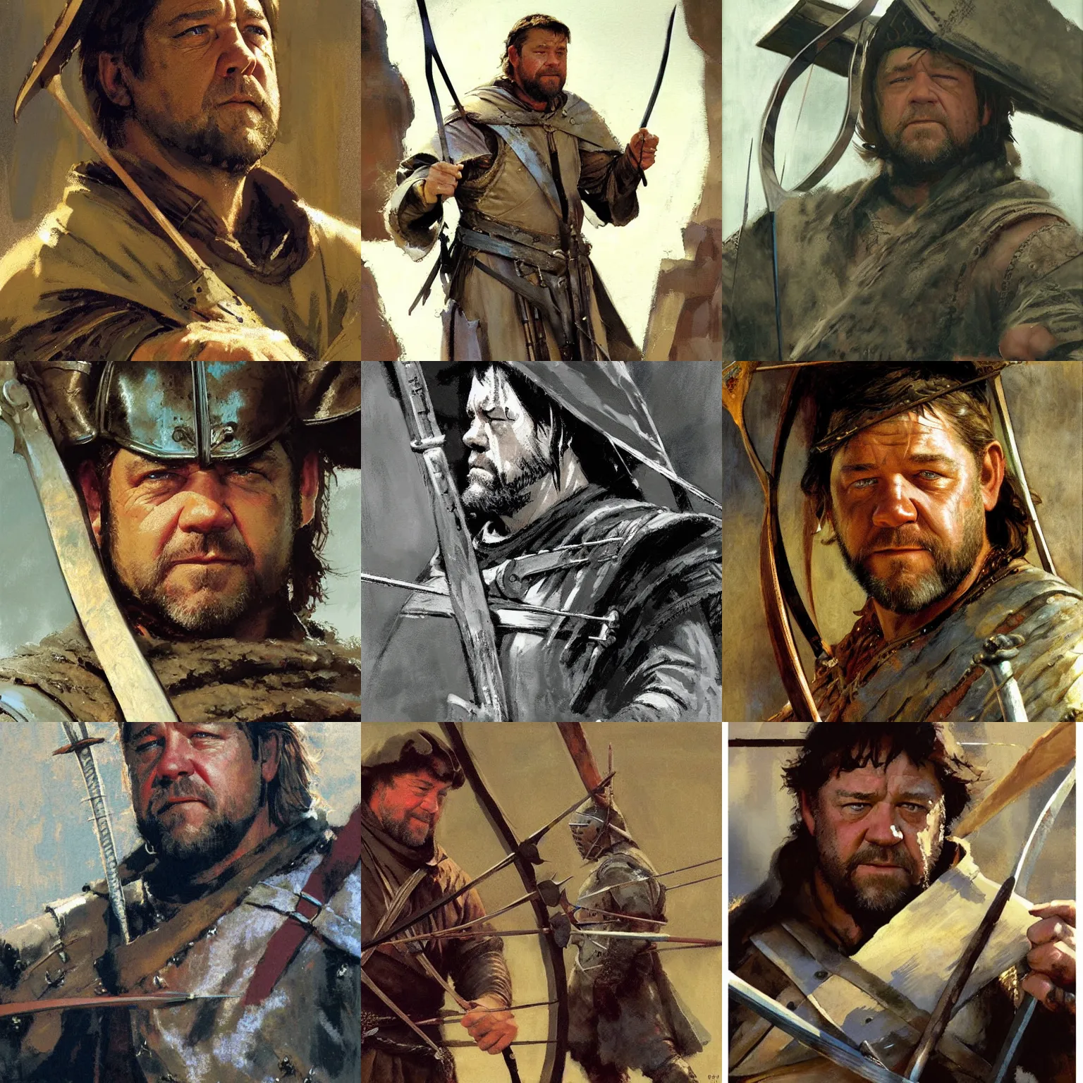 Prompt: close - up of russel crowe as medieval archer by craig mullins, greg manchess, bernie fuchs, walter everett