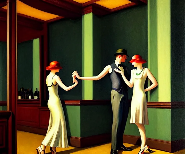 Prompt: a beautiful classy dancing couple, dimly lit upscale 1920s speakeasy, relaxed pose, art deco, detailed painterly digital art style by Edward Hopper, retro vibe, 🍸, 8k octane beautifully detailed render, post-processing, extremely hyperdetailed, intricate, epic composition, grim yet sparkling atmosphere, cinematic lighting + masterpiece, trending on artstation, very detailed, vibrant colors, Art Nouveau, masterpiece