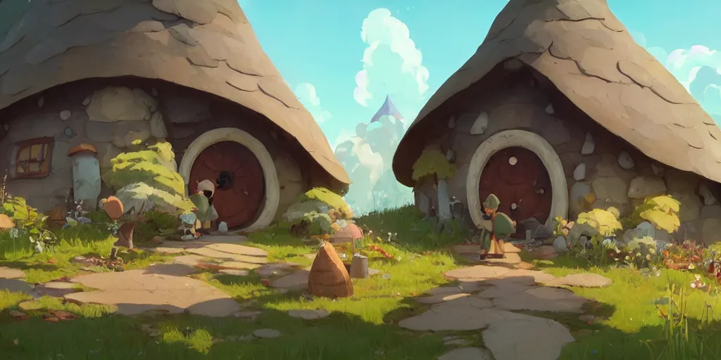 Image similar to small hobbit mushroom houses by cory loftis & akihiko yoshida & james gilleard & atey ghailan & makoto shinkai & goro fujita & studio ghibli, rim light, exquisite lighting, clear focus, very coherent, plain background, soft painting, photorealistic, unreal engine 5, 4 k