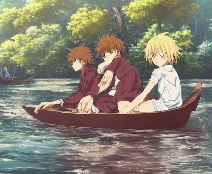 Image similar to anime key visual of a young man anime and young woman anime sitting together on one single long wooden rowboat. Romantic. Girl has auburn hair. Boy has short black hair. Boy and girl. Boy and girl. Narrow river in a forest, rocky shore, trees, shady, blue waters, ripples, waves, reflections, details, sharp focus, illustration, by Jordan Grimmer and greg rutkowski, Trending artstation, pixiv, digital art