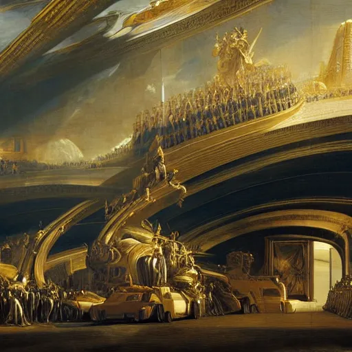 Prompt: sci-fi car dynamic organic forms structure car and wall structure in middle of the coronation of napoleon painting by Jacques-Louis David black ceramic material shiny gloss water reflections search pinterest keyshot product render 4k