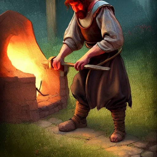 Prompt: medieval peasant boy and blacksmith, artstation, fantasy