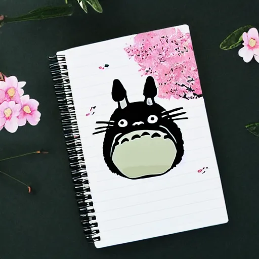 Image similar to totoro in a cherry blossom park on a notebook