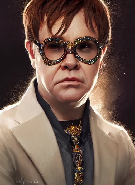 Image similar to Elton John, headshot, painted fantasy character portrait, D&D, highly detailed, digital painting, artstation, sharp focus, art by artgerm and greg rutkowski and alphonse mucha and magali villeneuve