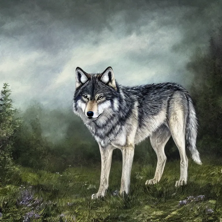 Prompt: Majestic wolf on the heath. Rough brushstrokes. Beautiful detailed scene. Interesting natural colour scheme. Beautiful artistic digital painting by Lurid (2022)