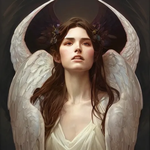 Image similar to portrait of angel wings highly detailed, digital painting, artstation, concept art, smooth, sharp focus, illustration, art by artgerm and greg rutkowski and alphonse mucha