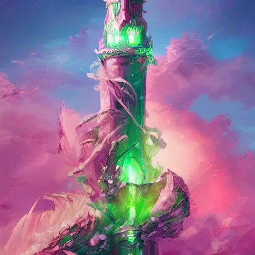 Image similar to a delicate ornate white fantasy tower with pink and green decoration splashes upwards from a turbulent ocean, dramatic lighting, rich colors, beautiful oil painting, artstation