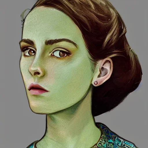 Image similar to a portrait photo of a young woman with medium - short brown hair, an intricate dress, and green eyes, floating in space, trending on artstation