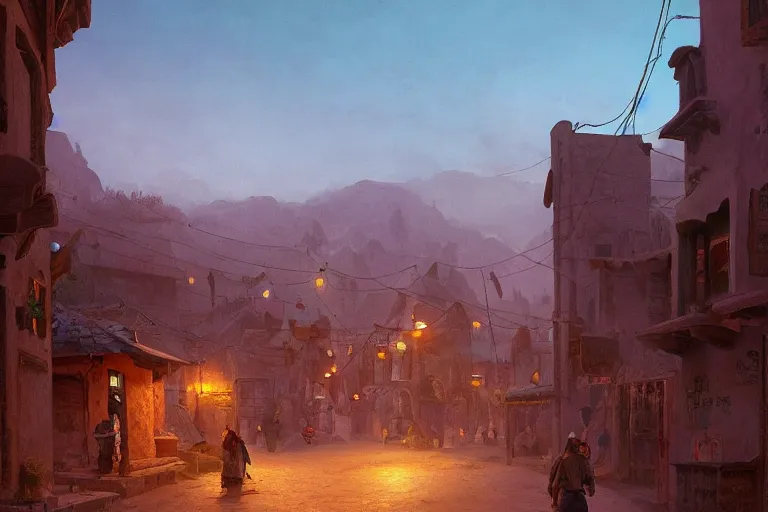 Image similar to in the middle of a adobe house town, mud and brick houses, merchant street, colorful crowd. Scenic view at night, matte painting by raphael lacoste and marc simonetti and ruan jia, trending on artstation