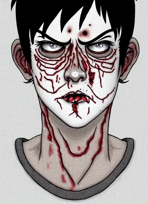 Image similar to junji ito style portrait of zombie teenage jughead jones wearing a light grey crown, zombie, crown, rotting skin, blind eyes, white eyes, crown, black hair, intricate, highly detailed, illustration, art by junji ito