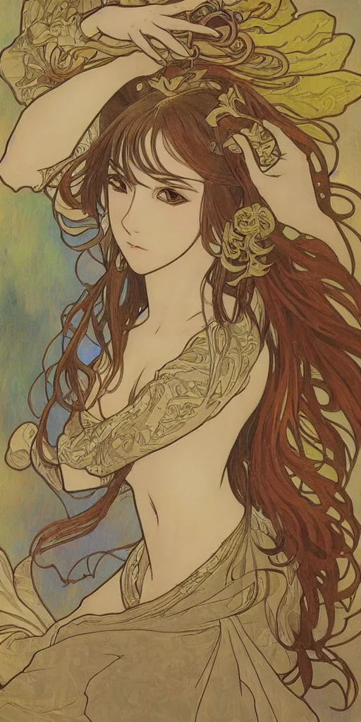 Prompt: manga character drawn by Alfons Mucha, painting, highly detailed, 8k, Mucha