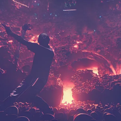 Image similar to a cinematic still of travis scott concert in hell, multiverse, ((octane render, nvidia raytracing demo)), masterpiece