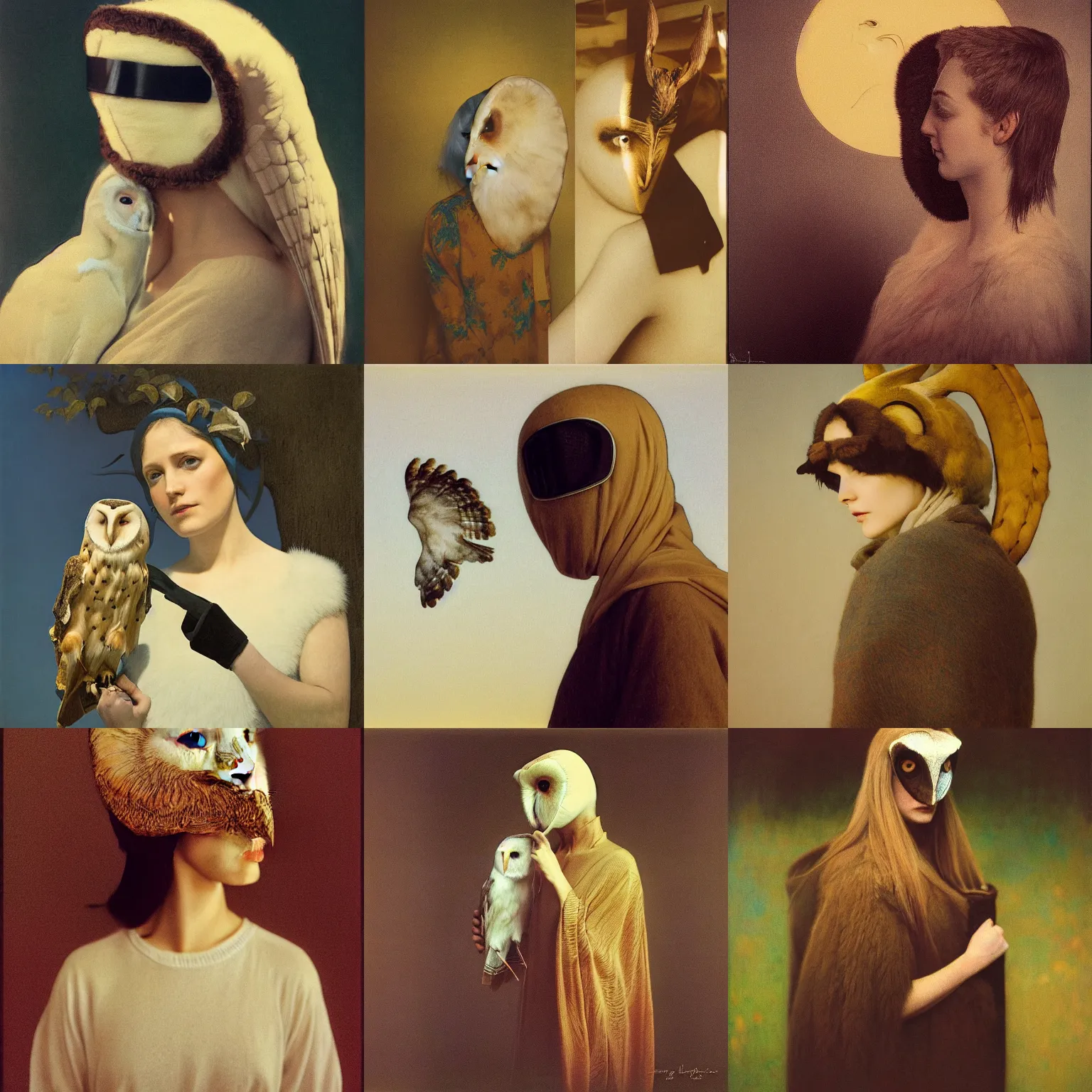 Prompt: kodak portra, 8 k, soft light, clean lines, fine art portrait photography, woman with barn owl covering head, fashion photography, wearing barn owl mask, maxfield parrish, moebius, james jean, yoji shinkawa, odilon redon, gaston bussiere, eugene grasset, janis rozentals