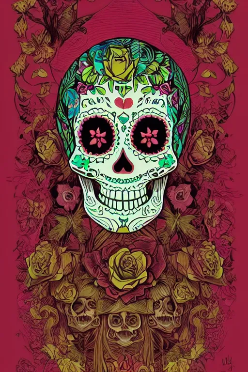 Image similar to Illustration of a sugar skull day of the dead girl, art by kilian eng