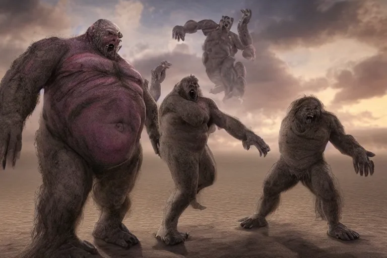 Image similar to photo, friends, man two old hairy fat ugly men! fighting alien monsters 3 5 5 4 7 on a beach, highly detailed, scary, intricate details, volumetric lighting, front view