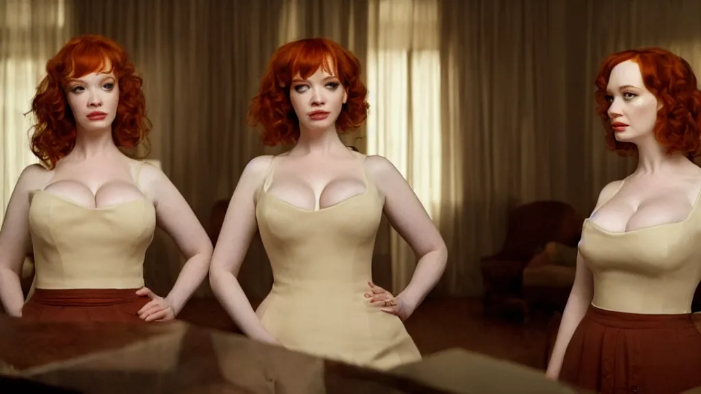 Image similar to a very surprised beautiful Christina Hendricks and her twin sister in the living room, film still from the movie directed by Denis Villeneuve with art direction by Salvador Dalí, wide lens