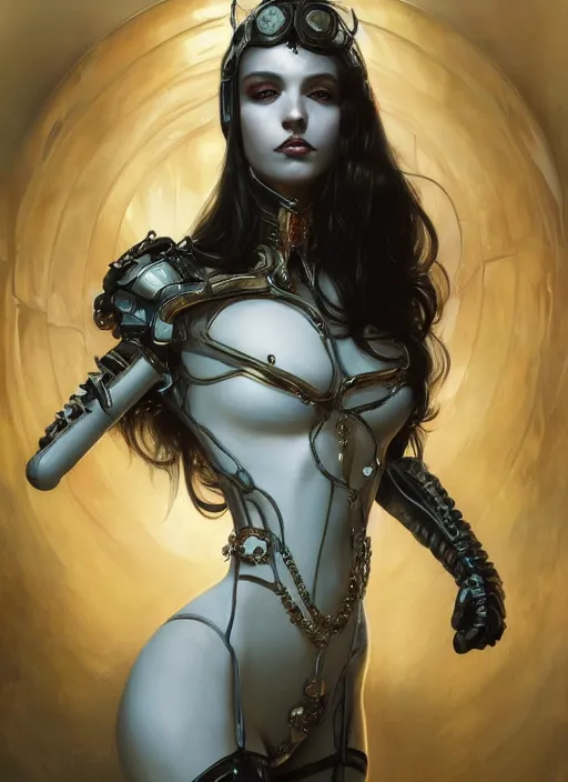 Image similar to portrait of beautiful pale gothic maiden in latex, warhammer 40000, cyberpunk, intricate, elegant, highly detailed, digital painting, artstation, concept art, smooth, sharp focus, illustration, art by artgerm and greg rutkowski and alphonse mucha and Gustav Klimt