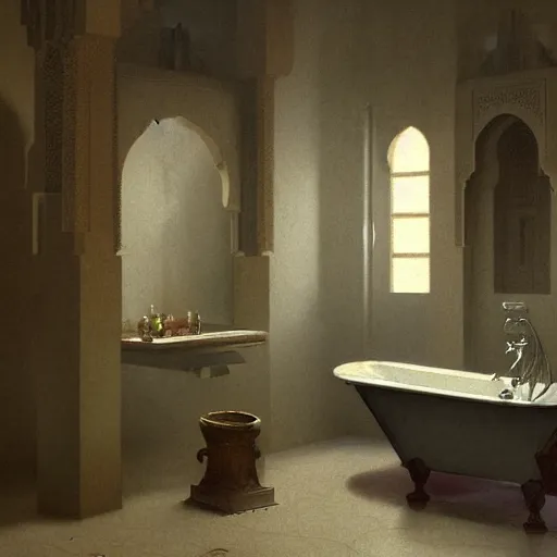 Prompt: detailed painting of a bladerunner bathroom, majestic solemn ornaments and solemn architecture in morocco, artstation, bouguereau, cinematic