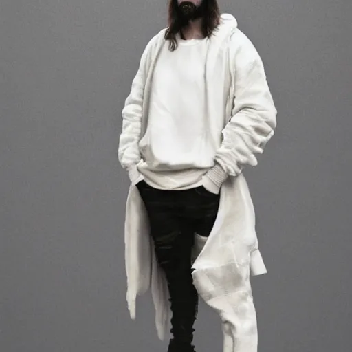 Image similar to a full body lookbook portrait of modern - day jesus wearing cream fear of god menswear collection by nicola samori, hat and hoodie, detailed, oil painting, hyper - realistic, 8 k, yeezy collection