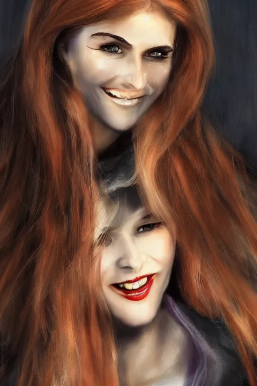 Image similar to mix of beautiful young maria shriver, mariel hemmingway, brooke shields, nicole kidman and elle macpherson as a vampire showing vampire teeth, ready to bite, thin lips, hair tied up in a pony tail, dark blonde hair, colorful, artstation, cgsociety