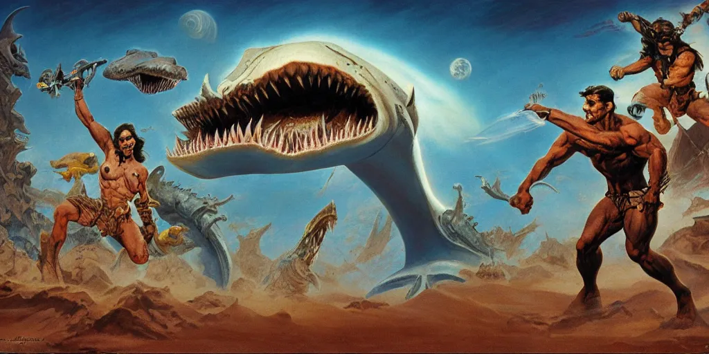 Prompt: enter the jaws of desert truth God Sand menace in the style of Frank Frazetta, Jeff Easley, extremely clear and coherent, intricate and detailed, 8K resolution