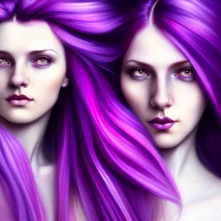 Image similar to Purple hair relistic Portrait of a two woman with bright colored flying hair, all shades of purple. Beauty face, Hair coloring, fantasy, intricate, elegant, highly detailed, digital painting, artstation, concept art, smooth, sharp focus, illustration, art by artgerm and greg rutkowski and alphonse mucha