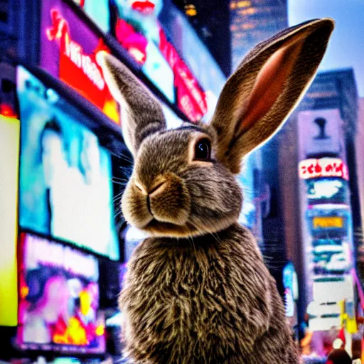 Image similar to a rabbit standing in times square, photorealistic