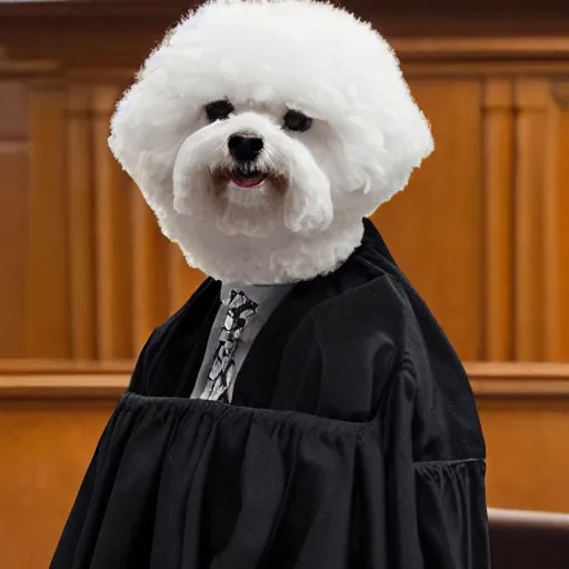 Image similar to a closeup photorealistic illustration of a smiling bichon frise judge wearing a black gown at the bench and commanding the courthouse. this 4 k hd image is trending on artstation, featured on behance, well - rendered, extra crisp, features intricate detail and the style of unreal engine.