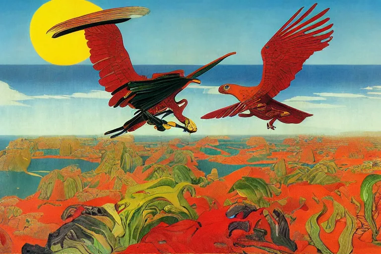 Image similar to colourful bird of prey flying over a tropical island, fluid, smooth, bright, colours, high contrast, sharpness, very detailed, intricate, by dali, magritte, edvard munch, da vinci, donato giancola, richard corben, zdzisław beksinski, moebius, francis bacon, studio ghibli, mucha and studio disney