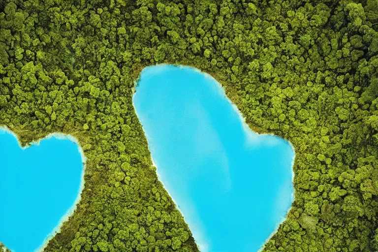 Image similar to a gigantic blue lagoon with the shape of a detailed human heart, in the middle of a exhuberant and colorful jungle, roads to the lake as veins and arteries, aerial photography by yann arthus bertrand