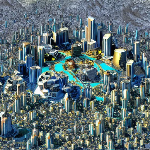 Image similar to mountain size arcology hive city, crowded with people, satellite view, zoom out