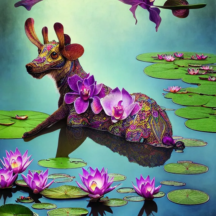 Image similar to psychedelic animal made of orchid on pond of waterlilies, diffuse lighting, fantasy, intricate, elegant, highly detailed, lifelike, photorealistic, digital painting, artstation, illustration, concept art, smooth, sharp focus, art by John Collier and Albert Aublet and Krenz Cushart and Artem Demura and Alphonse Mucha