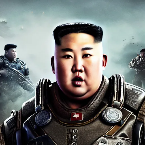 Image similar to portrait of kim - jong un in gears of war, splash art, movie still, detailed face, cinematic lighting, dramatic, octane render, long lens, shallow depth of field, bokeh, anamorphic lens flare, 8 k, hyper detailed, 3 5 mm film grain