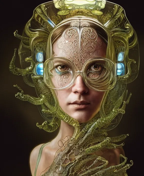 Image similar to intricate ornate opulent transparent clear see - through portrait of a terrifying beautiful alien insect, mottled coloring, adorable, childlike, pastoral environment, ultra realistic, concept art, art nouveau, photorealistic, octane render, 8 k, unreal engine. art by christopher marley and artgerm and greg rutkowski and alphonse mucha