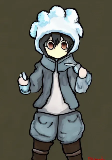 Prompt: little boy wearing sheep suit using a smartphone, gray, blue, green and brown pallet color. made in abyss art style, inspired in kris from deltarrune, cute detailed artwork, anatomically correct, soft details