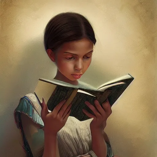 Prompt: village girl reading a book, highly detailed, digital painting, artstation, concept art, art by artgerm and Johfra Bosschart