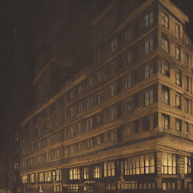 Image similar to painting of a 1 9 2 0 s gothic style hotel in downtown boston, overlooking a dark street, architectural, atmospheric lighting, brooding, painted, intricate, ultra detailed, well composed, best on artstation, cgsociety, epic, stunning, gorgeous, intricate detail, much wow, masterpiece, cinematic aesthetic octane render, 8 k hd resolution,