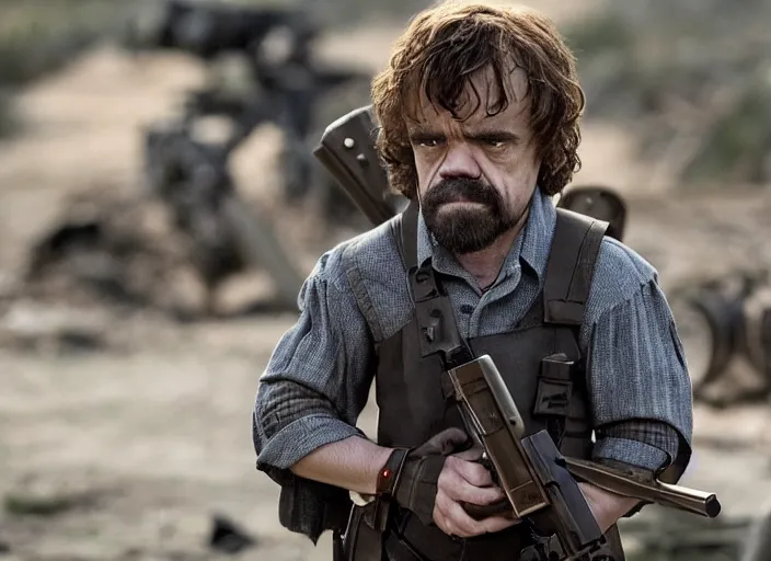 Prompt: peter dinklage holding a rocket launcher, movie still, from the new commando movie, 8 k, realistic