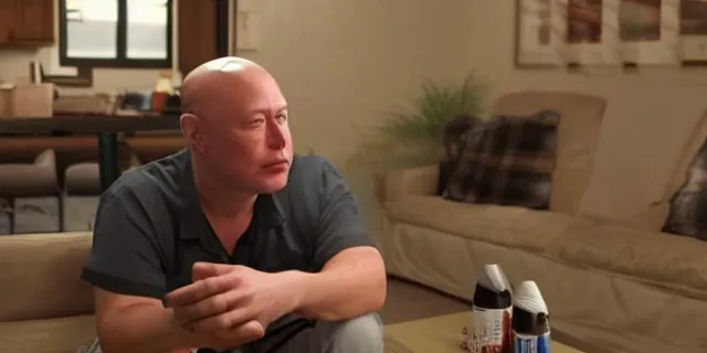 Image similar to full room shot of sad bald poor elon musk drinking a can of beer in the couch while watching tv in a dirty house, very realistic photograph, cinematic lighting, dardenne brothers, trailer park boys