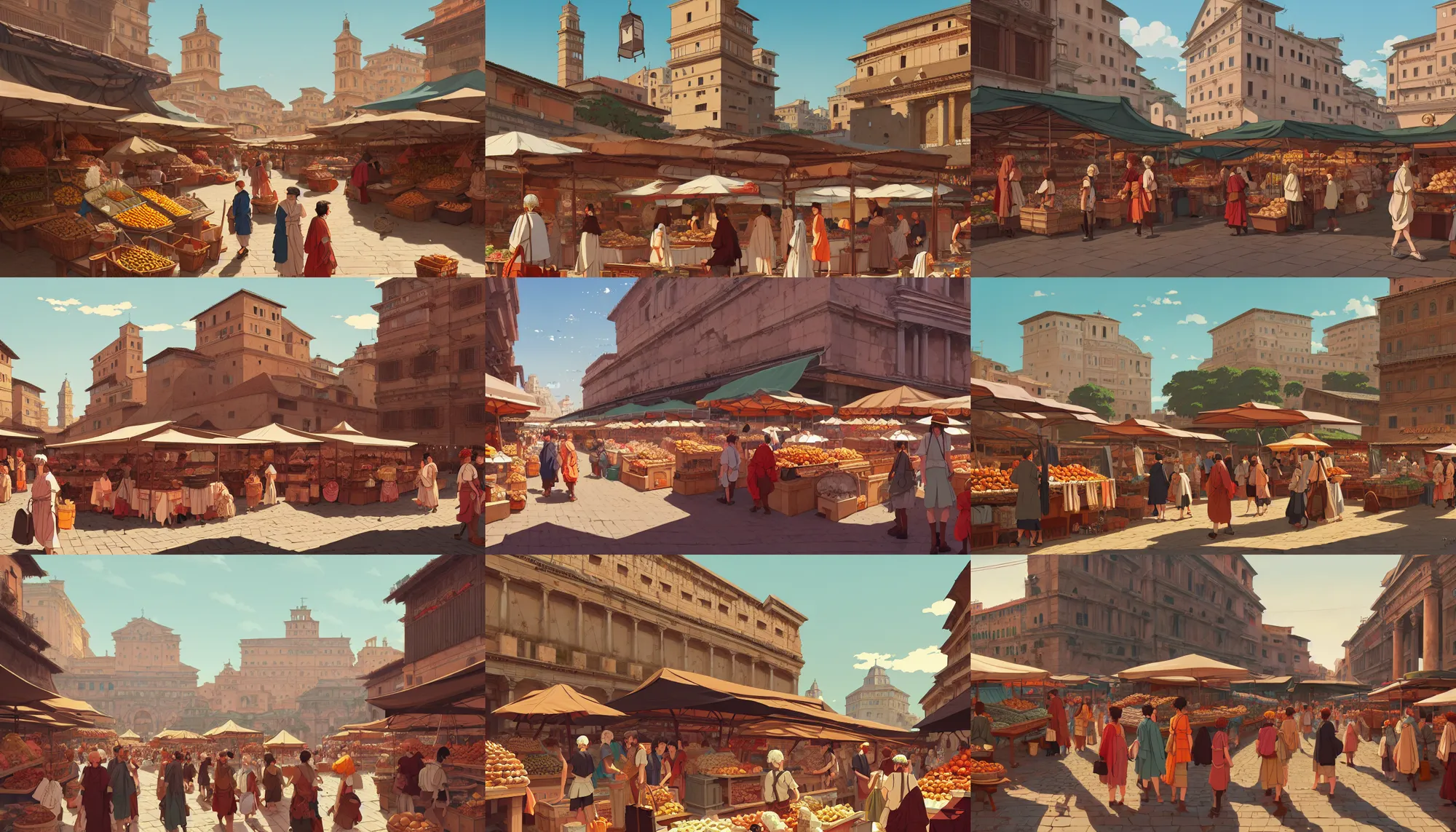 Prompt: market in ancient rome, artstation, elegant, highly detailed, digital painting, concept art, smooth, sharp focus, illustration, art by studio ghibli, fujita goro, atey ghailan, tom whalen, jean giraud 8 k