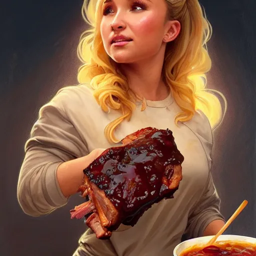 Image similar to Hayden Panettiere Eating BBQ Ribs, dripping BBQ Sauce, D&D, fantasy, intricate, elegant, highly detailed, digital painting, artstation, concept art, matte, sharp focus, illustration, hearthstone, art by Artgerm and Greg Rutkowski and Alphonse Mucha