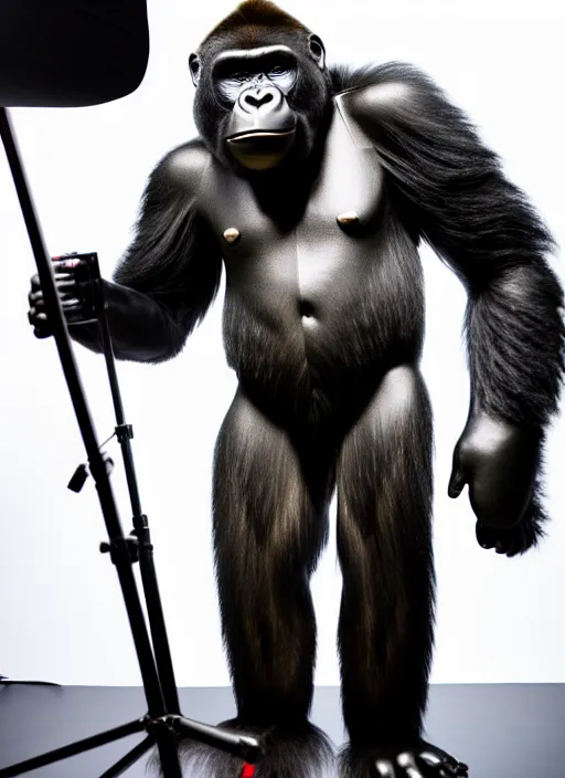 Image similar to studio photo still of a full body gorilla in a space suit, 8 k, studio lighting, key light from right side,