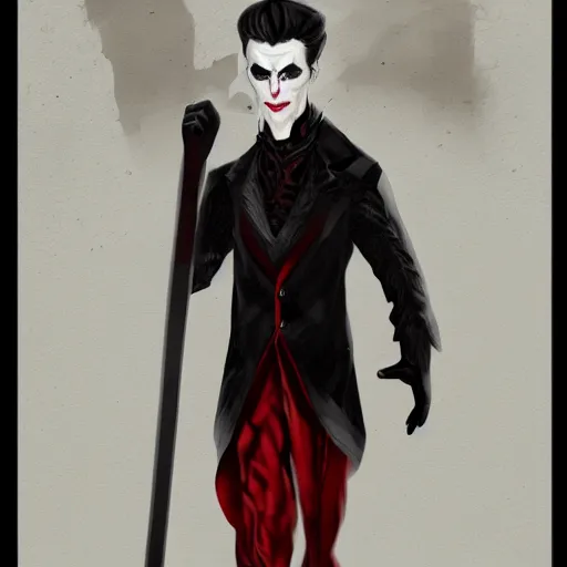 Image similar to a vampire, male, mid - 3 0 s aged, long, slicked black hair, clean shaven, in red and black, regal, high fantasy, realistic, highly detailed, concept art, 8 k.