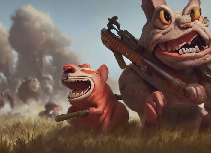 Prompt: close up cinematic artwork of an Ren and Stimpy staring down the enemy on the battlefield by Greg Rutkowski, 4k, masterpiece